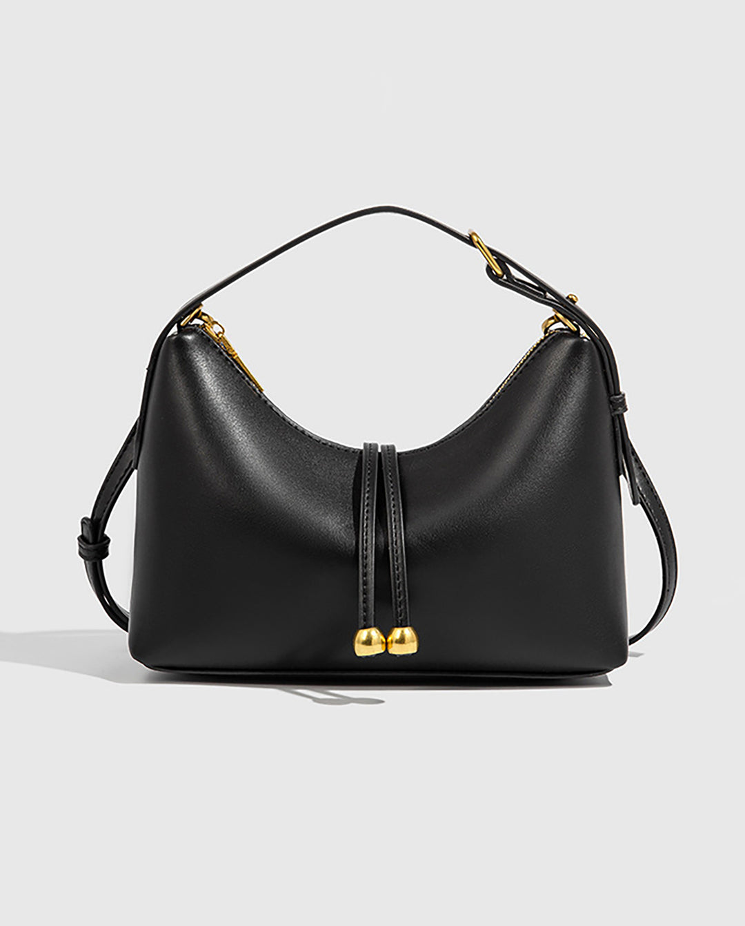 Black Smooth Faux Leather Double Gold Bead Tassel Curved Hobo Crossbody Shoulder Bag