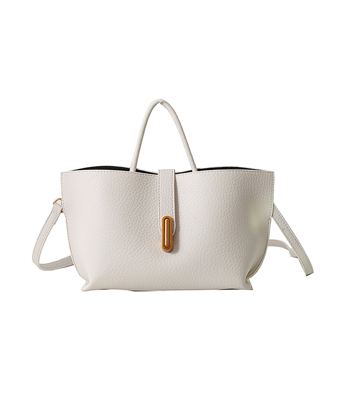 White Pebbled Faux Leather Vertical Gold Bar Buckle Mini Tote Crossbody Bag