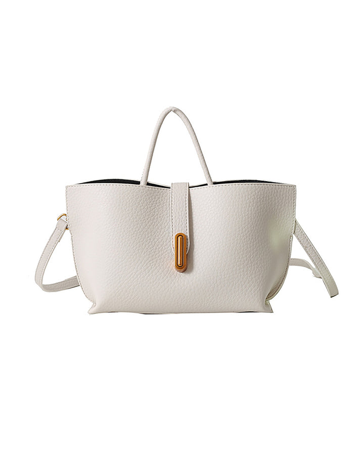 White Pebbled Faux Leather Vertical Gold Bar Buckle Mini Tote Crossbody Bag