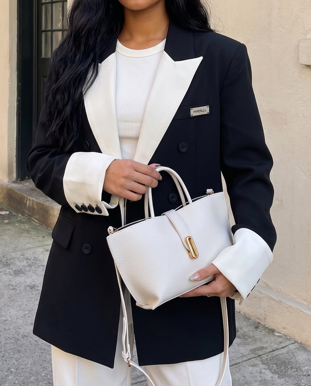 White Pebbled Faux Leather Vertical Gold Bar Buckle Mini Tote Crossbody Bag