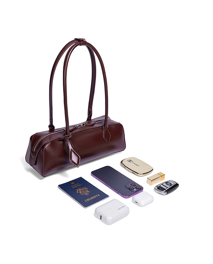 Burgundy Faux Leather Long Thin Handle Zipper Rectangular Mini Shoulder Bar Bag