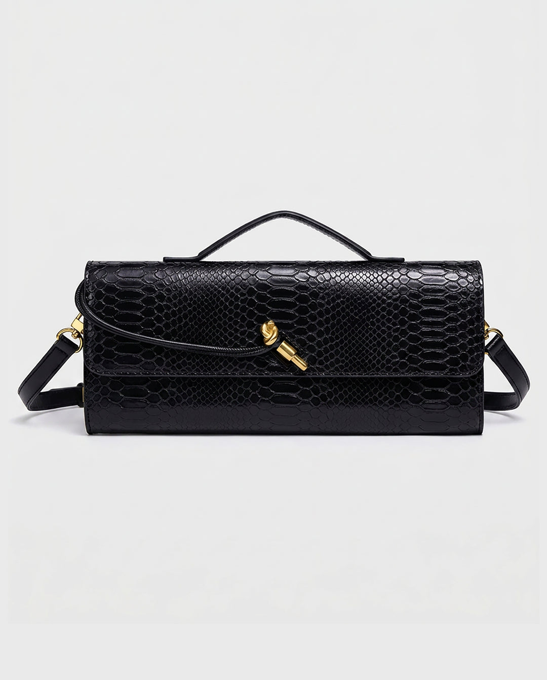 Black Snake Embossed Faux Leather Twist Lock Slim Rectangular Crossbody Clutch Bag