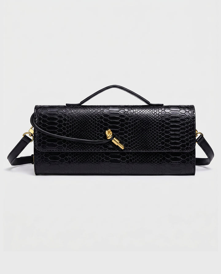 Black Snake Embossed Faux Leather Twist Lock Slim Rectangular Crossbody Clutch Bag