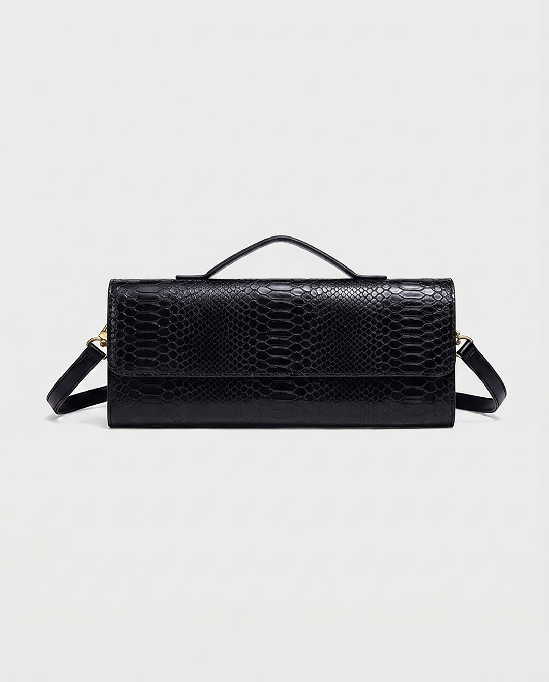 Black Snake Embossed Faux Leather Twist Lock Slim Rectangular Crossbody Clutch Bag