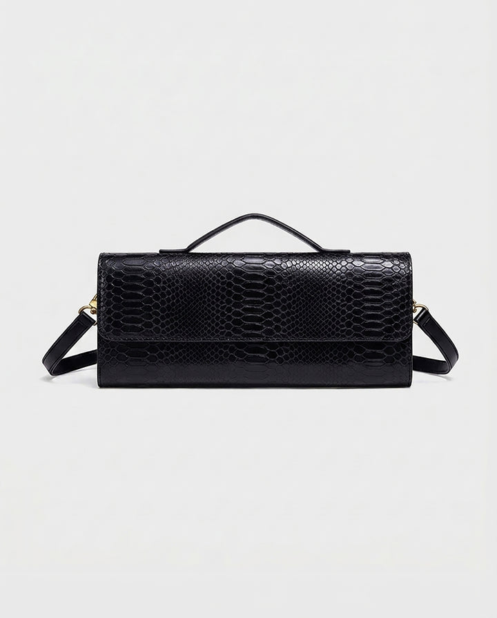 Black Snake Embossed Faux Leather Twist Lock Slim Rectangular Crossbody Clutch Bag