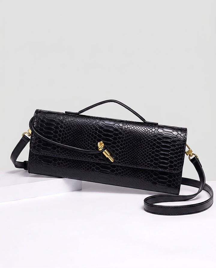 Black Snake Embossed Faux Leather Twist Lock Slim Rectangular Crossbody Clutch Bag