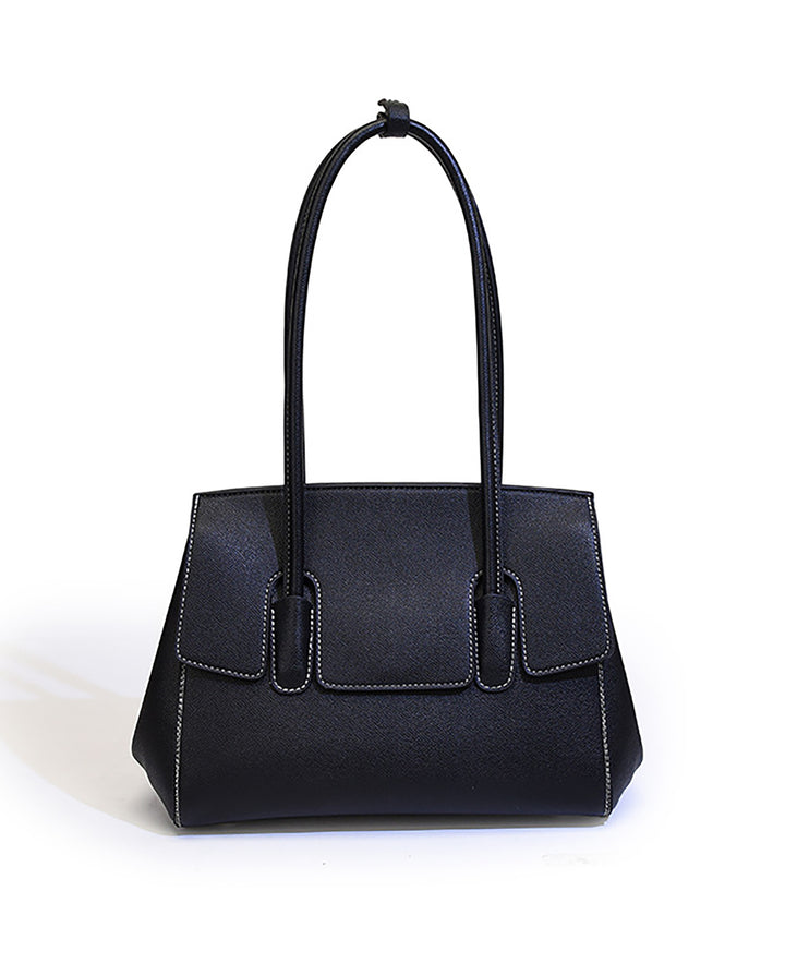 Black Faux Leather Contrast Stitching Double Tab Long Handle Trapezoid Shoulder Handbag