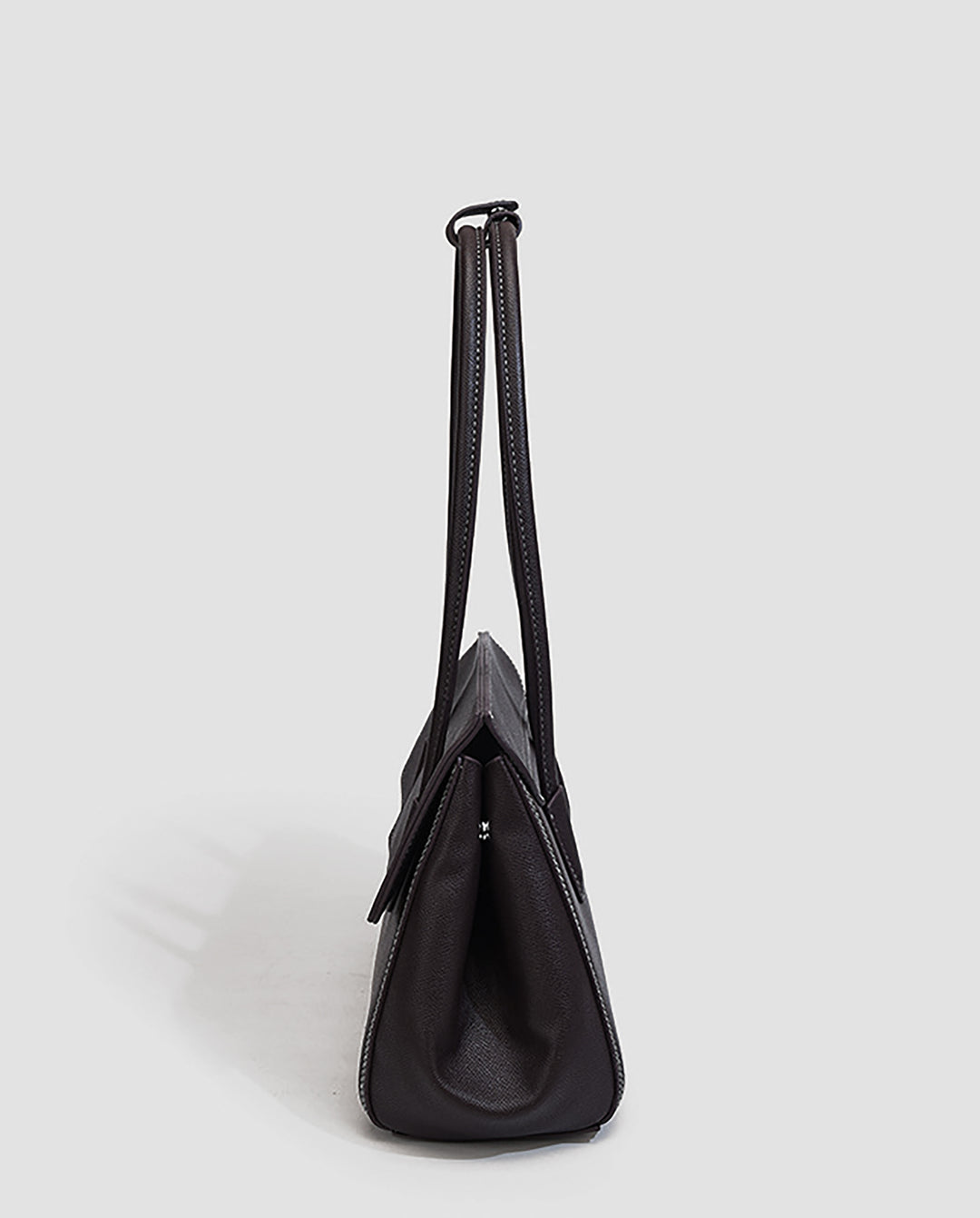 Black Faux Leather Contrast Stitching Double Tab Long Handle Trapezoid Shoulder Handbag