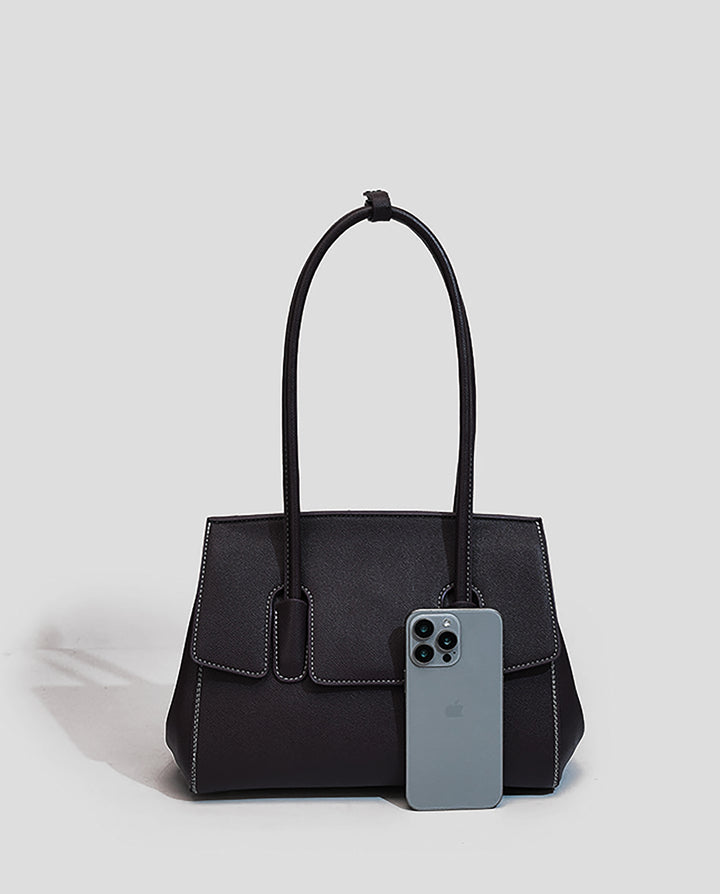 Black Faux Leather Contrast Stitching Double Tab Long Handle Trapezoid Shoulder Handbag