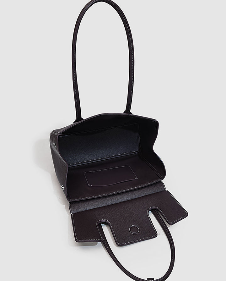 Black Faux Leather Contrast Stitching Double Tab Long Handle Trapezoid Shoulder Handbag
