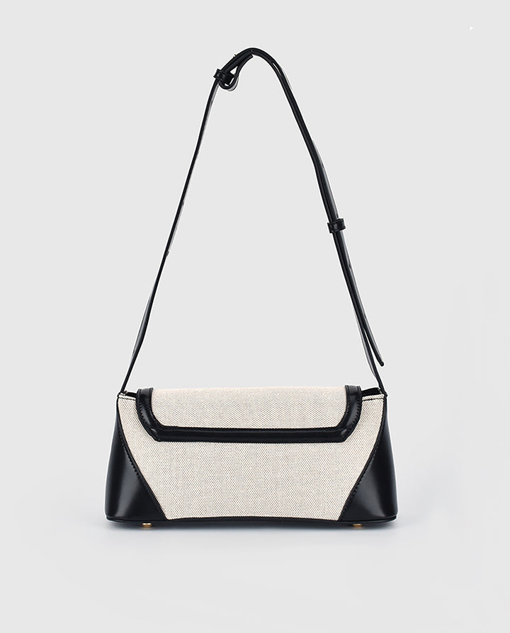 Beige Canvas Black Faux Leather Color Block Twist Lock Rectangular Shoulder Underarm Bag
