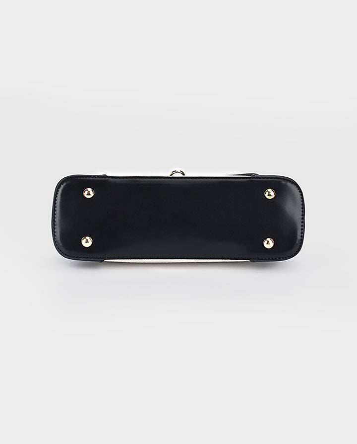 Beige Canvas Black Faux Leather Color Block Twist Lock Rectangular Shoulder Underarm Bag
