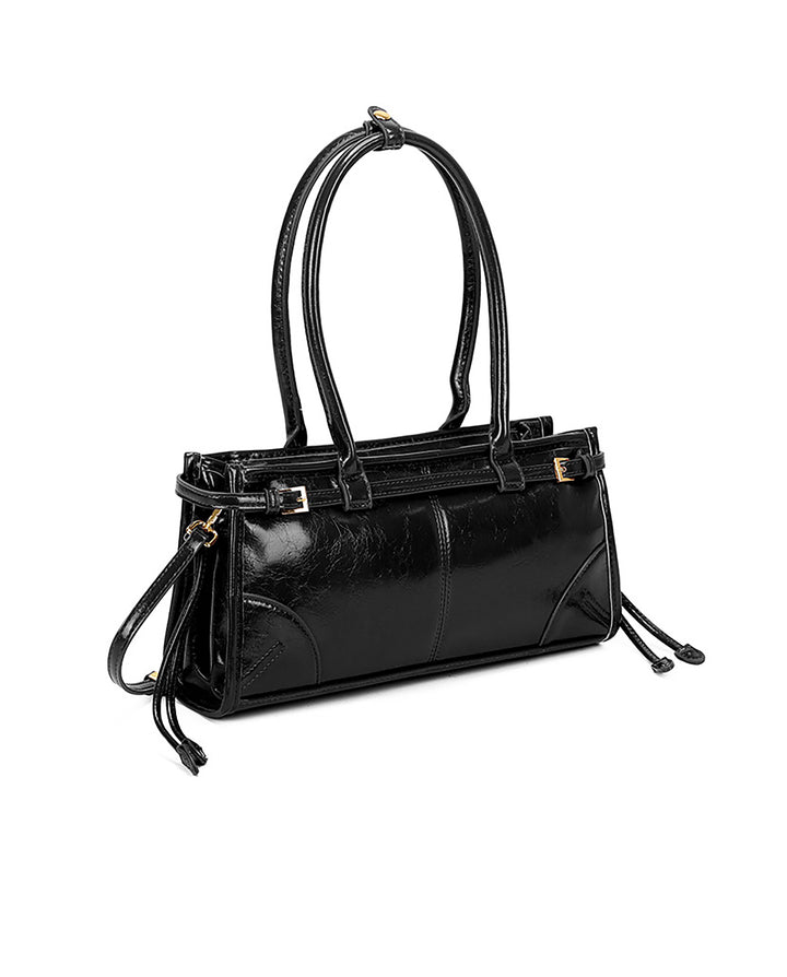 Black Cracked Faux Leather Double Handle Side Buckle Drawstring Rectangular Shoulder Bag