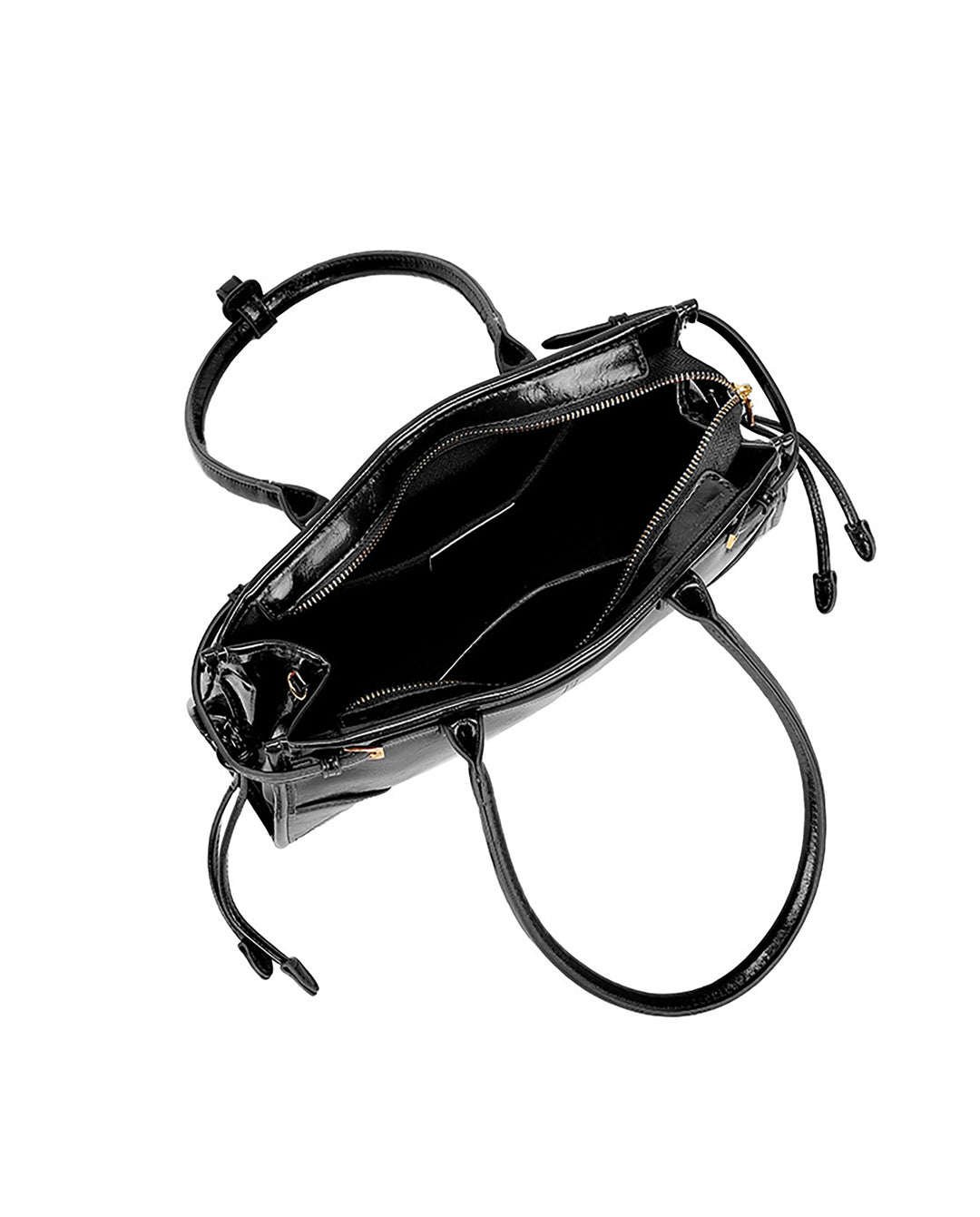 Black Cracked Faux Leather Double Handle Side Buckle Drawstring Rectangular Shoulder Bag