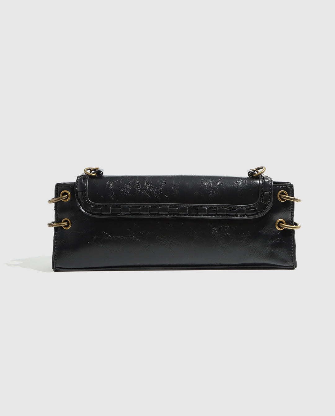 Black Faux Leather Rectangular Vintage Lock Chain Crossbody Bag