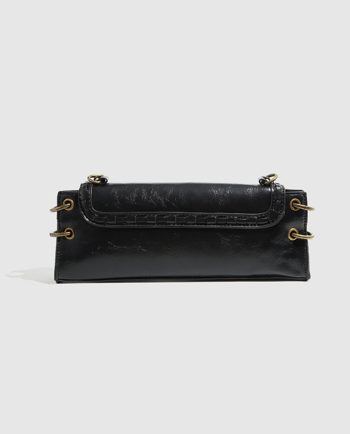 Black Faux Leather Rectangular Vintage Lock Chain Crossbody Bag
