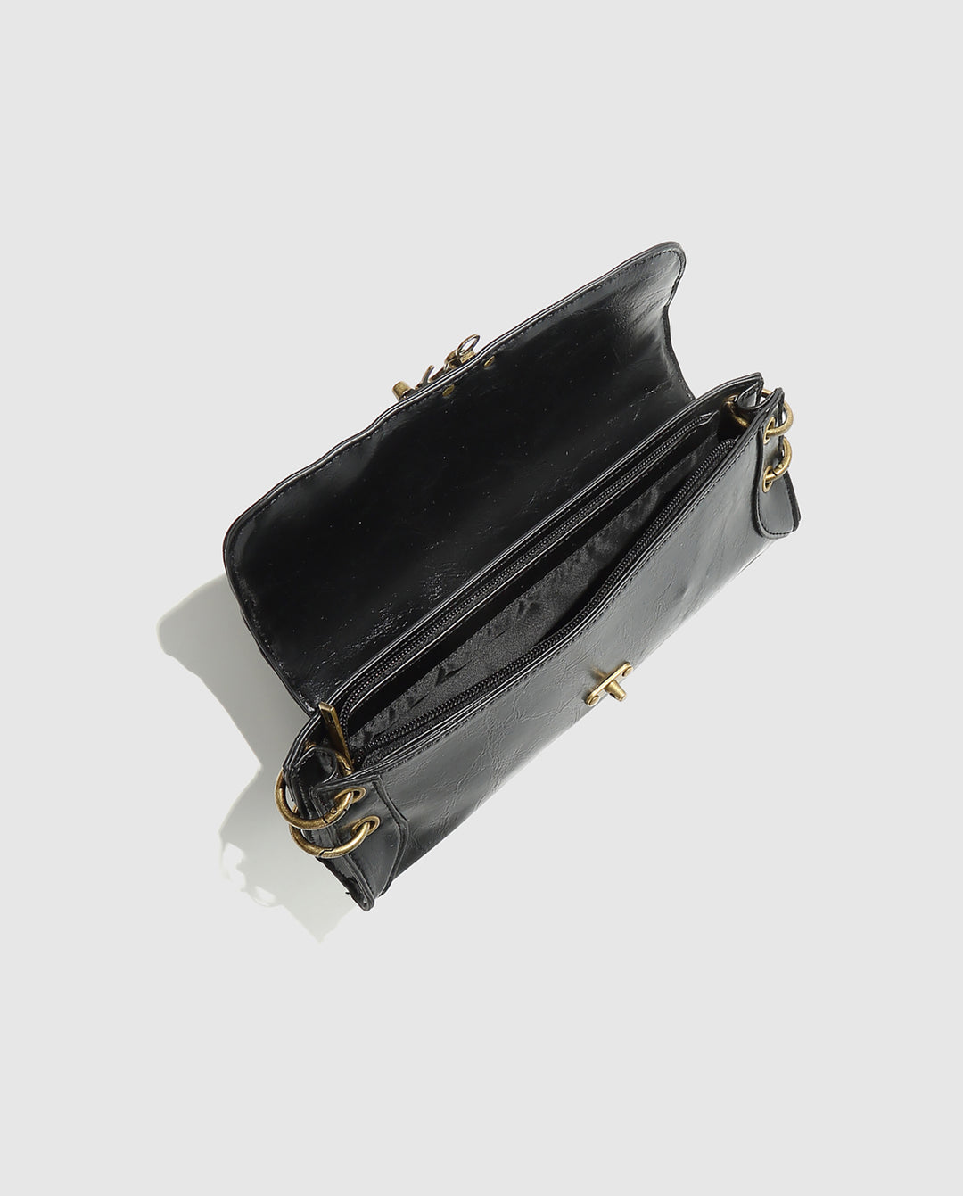 Black Faux Leather Rectangular Vintage Lock Chain Crossbody Bag