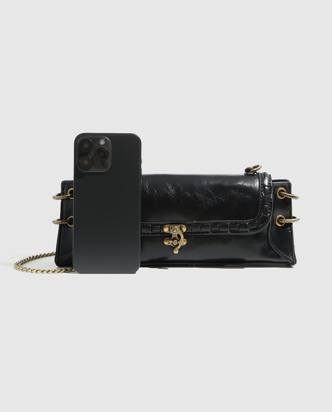Black Faux Leather Rectangular Vintage Lock Chain Crossbody Bag