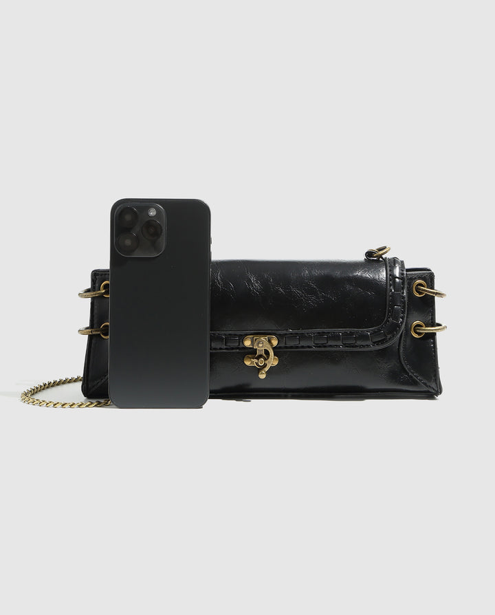 Black Faux Leather Rectangular Vintage Lock Chain Crossbody Bag