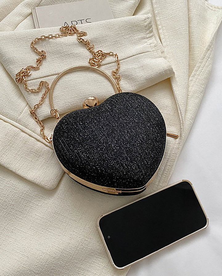 Black Glitter Heart Shape Gold Handle Chain Crossbody Clutch Bag