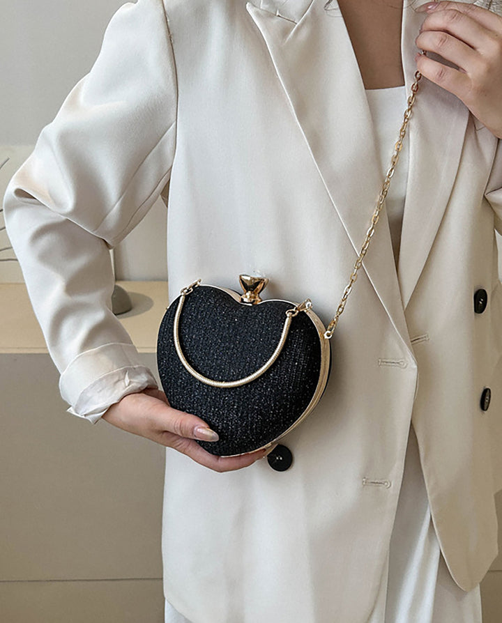 Black Glitter Heart Shape Gold Handle Chain Crossbody Clutch Bag