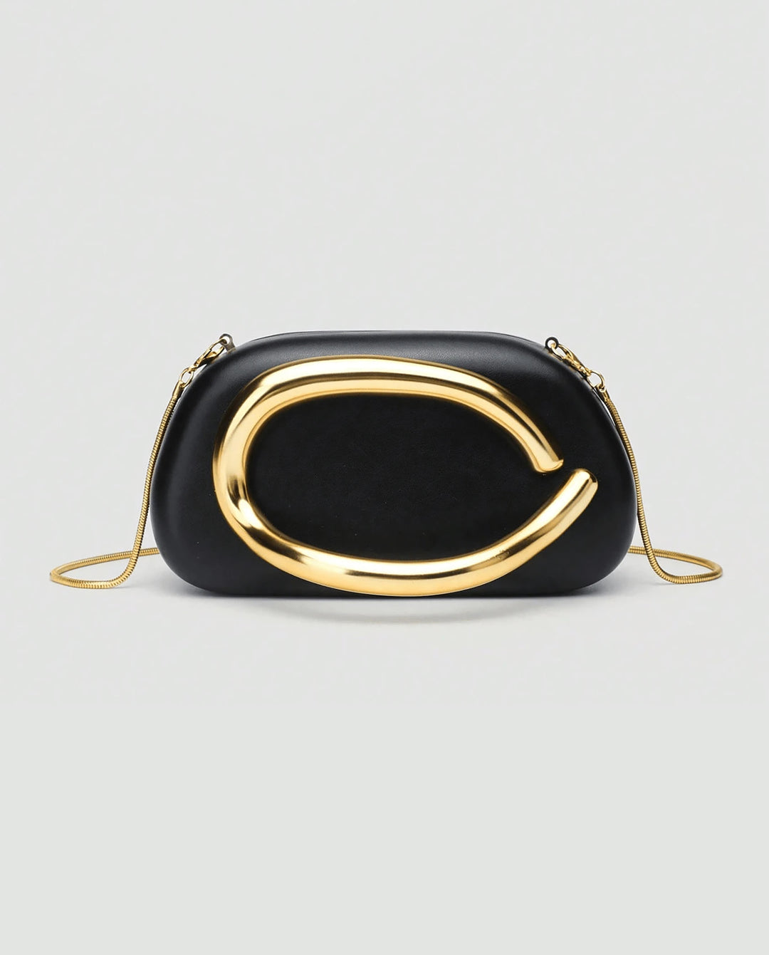 Black Faux Leather Curved Gold Metal Frame Snake Chain Crossbody Clutch Bag