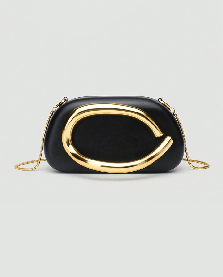 Black Faux Leather Curved Gold Metal Frame Snake Chain Crossbody Clutch Bag
