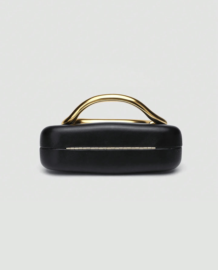 Black Faux Leather Curved Gold Metal Frame Snake Chain Crossbody Clutch Bag