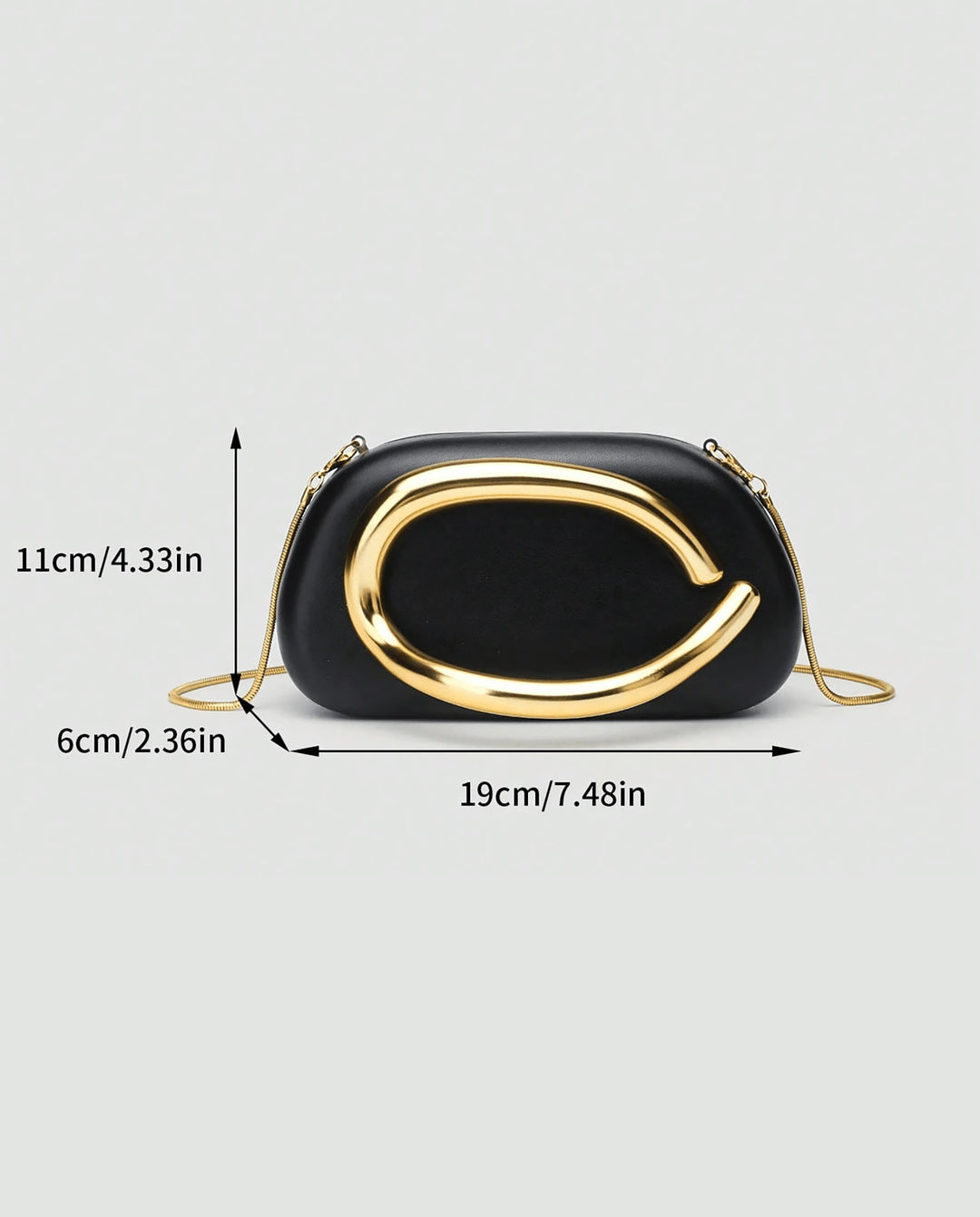 Black Faux Leather Curved Gold Metal Frame Snake Chain Crossbody Clutch Bag