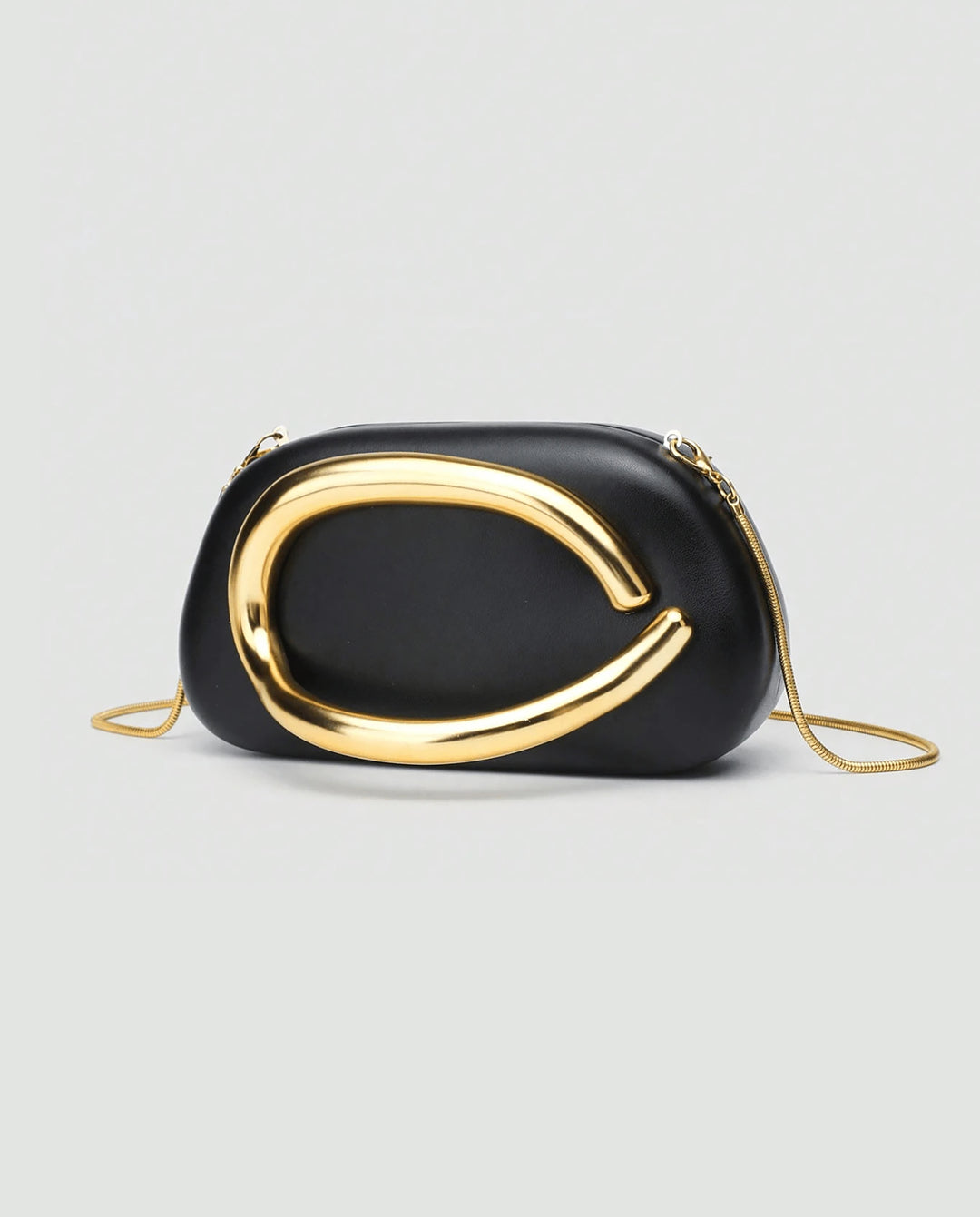 Black Faux Leather Curved Gold Metal Frame Snake Chain Crossbody Clutch Bag