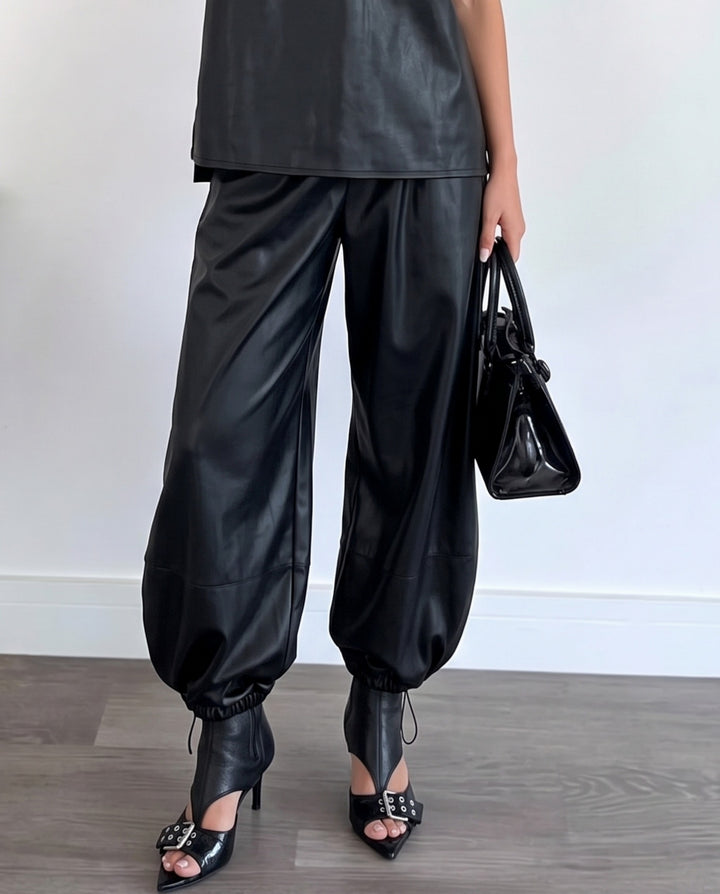 Faux Leather Elastic Drawstring Cuff Jogger Baggy Pants