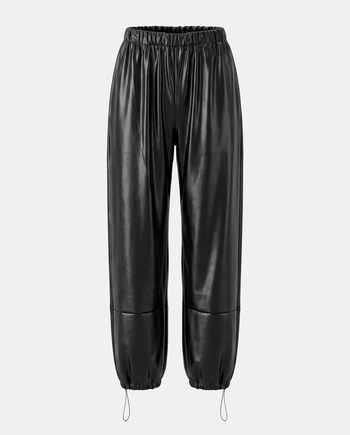 SOLACEFaux Leather Elastic Drawstring Cuff Jogger Baggy Pants