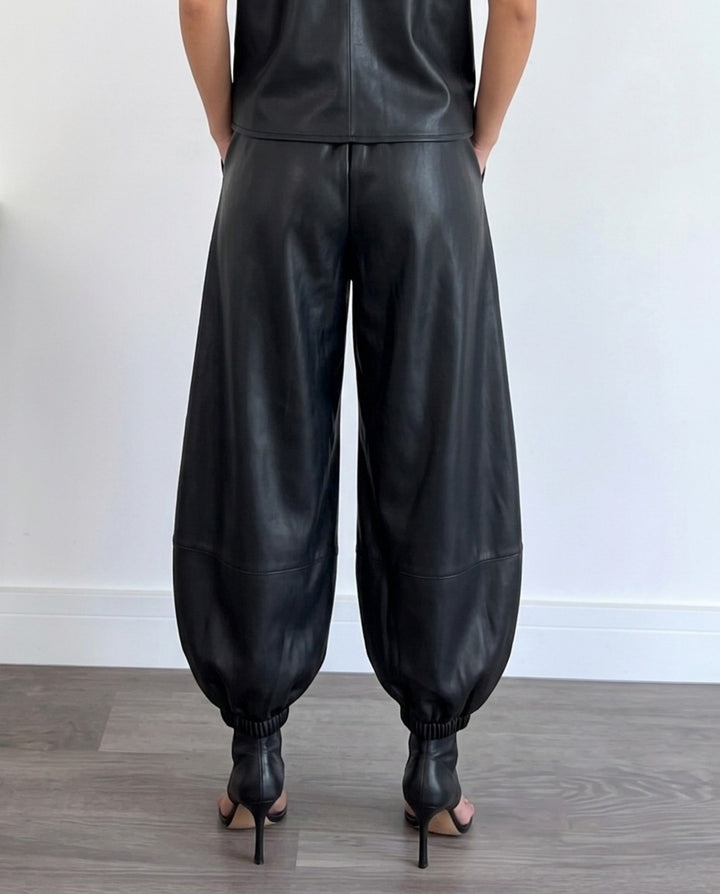 Faux Leather Elastic Drawstring Cuff Jogger Baggy Pants