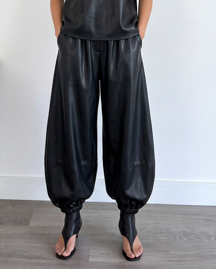 Faux Leather Elastic Drawstring Cuff Jogger Baggy Pants