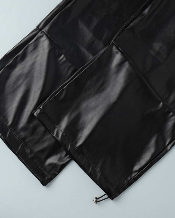 Faux Leather Elastic Drawstring Cuff Jogger Baggy Pants