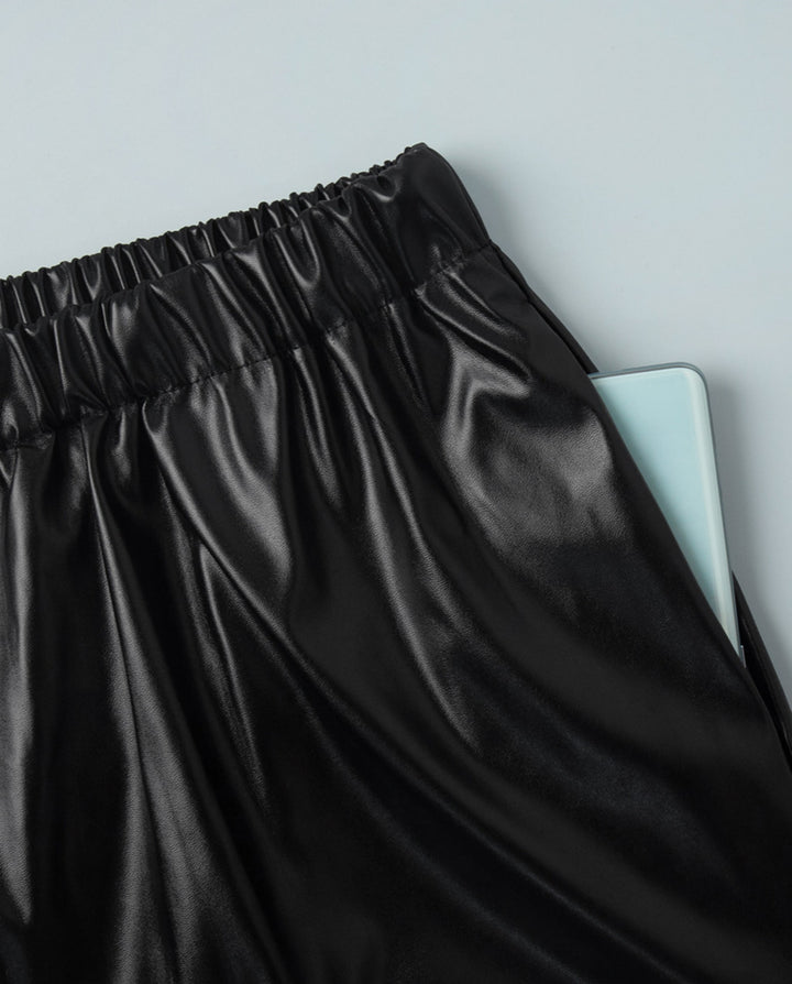 Faux Leather Elastic Drawstring Cuff Jogger Baggy Pants