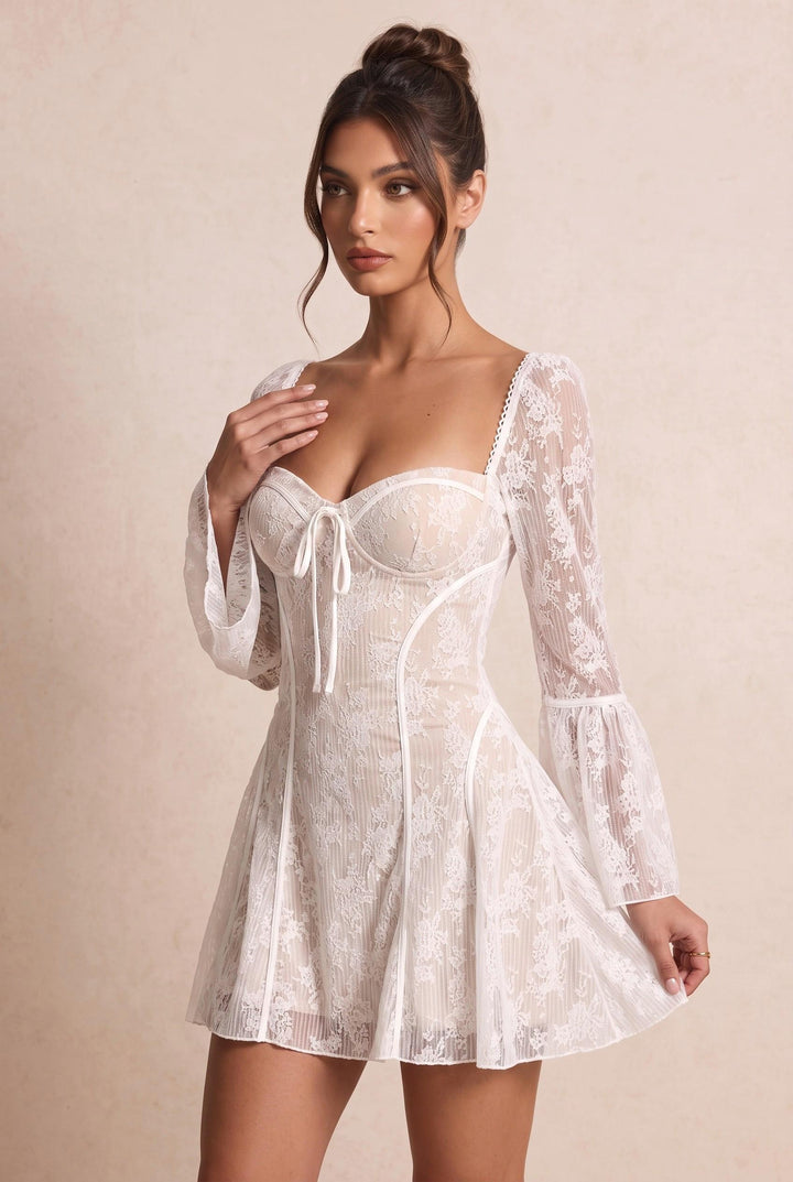 Lace Long Flared Sleeve Square Neck Flippy Hem Mini Dress