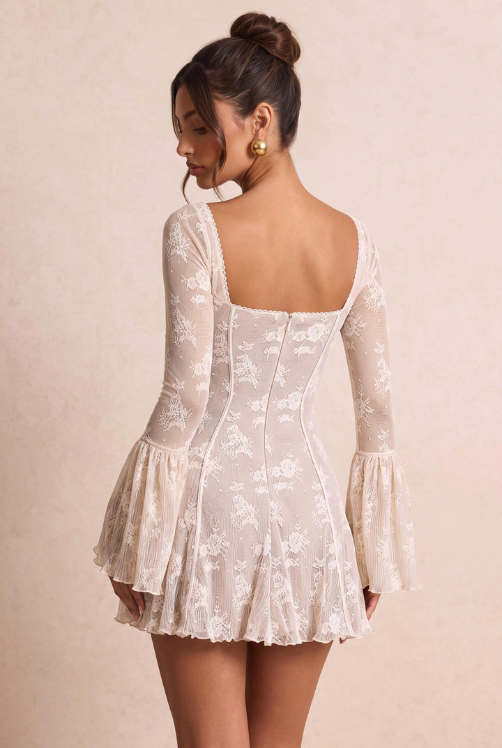 Lace Long Flared Sleeve Square Neck Flippy Hem Mini Dress