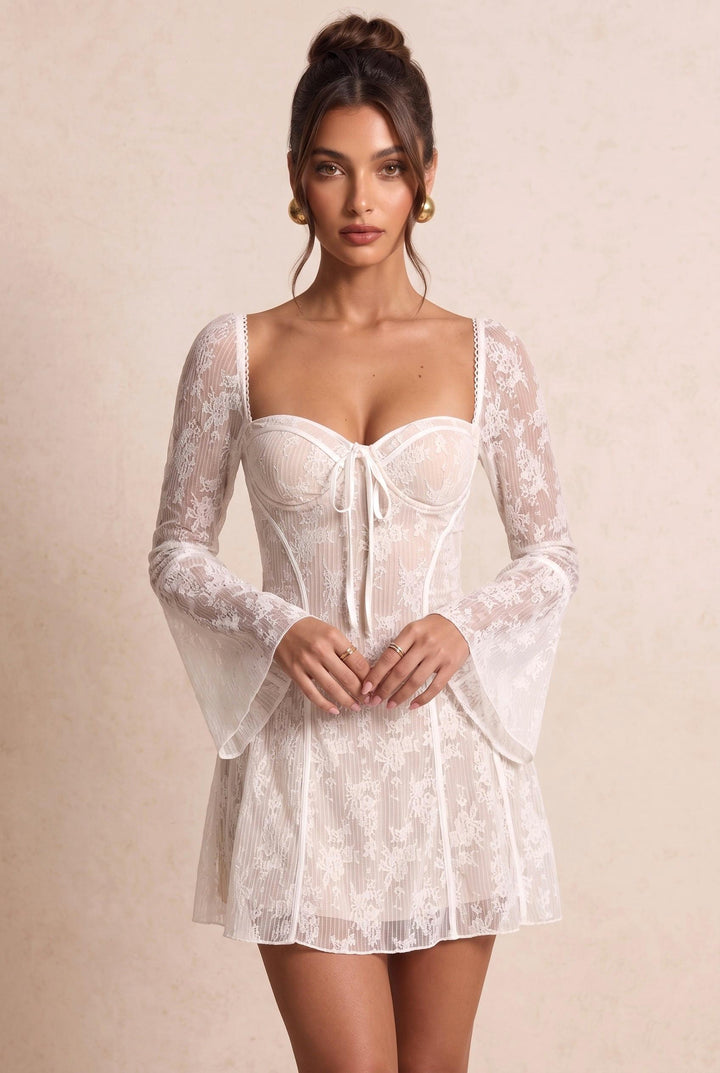 Lace Long Flared Sleeve Square Neck Flippy Hem Mini Dress