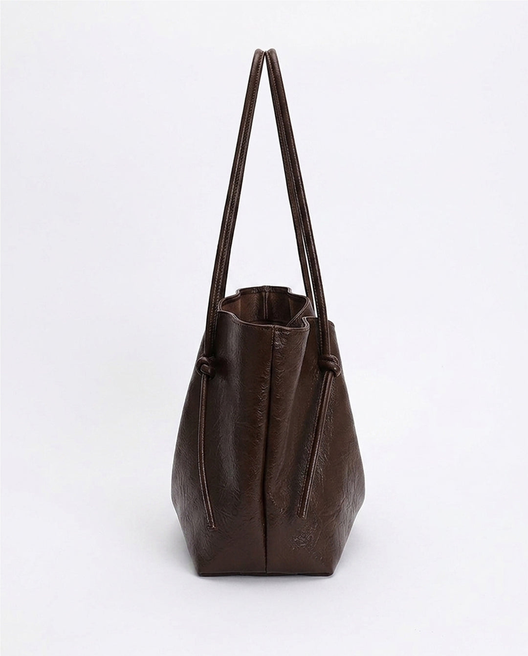 Dark Brown Crinkled Faux Leather Drawstring Knot Shoulder Tote Bag