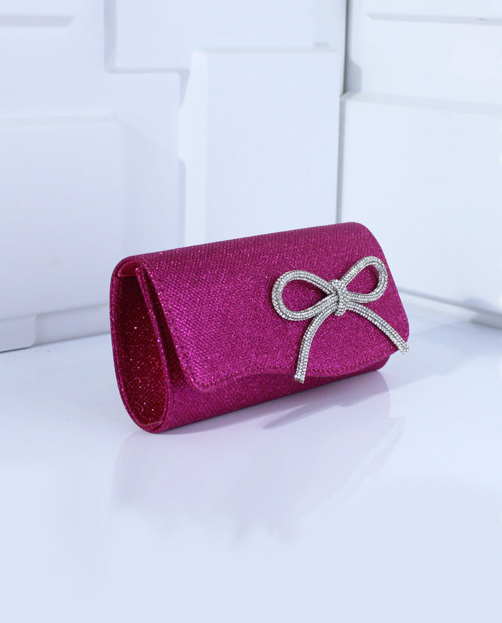 Fuchsia Glitter Rhinestone Bow Flap Evening Clutch Bag