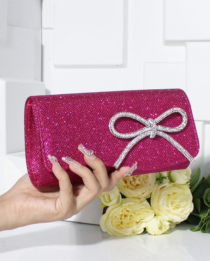Fuchsia Glitter Rhinestone Bow Flap Evening Clutch Bag