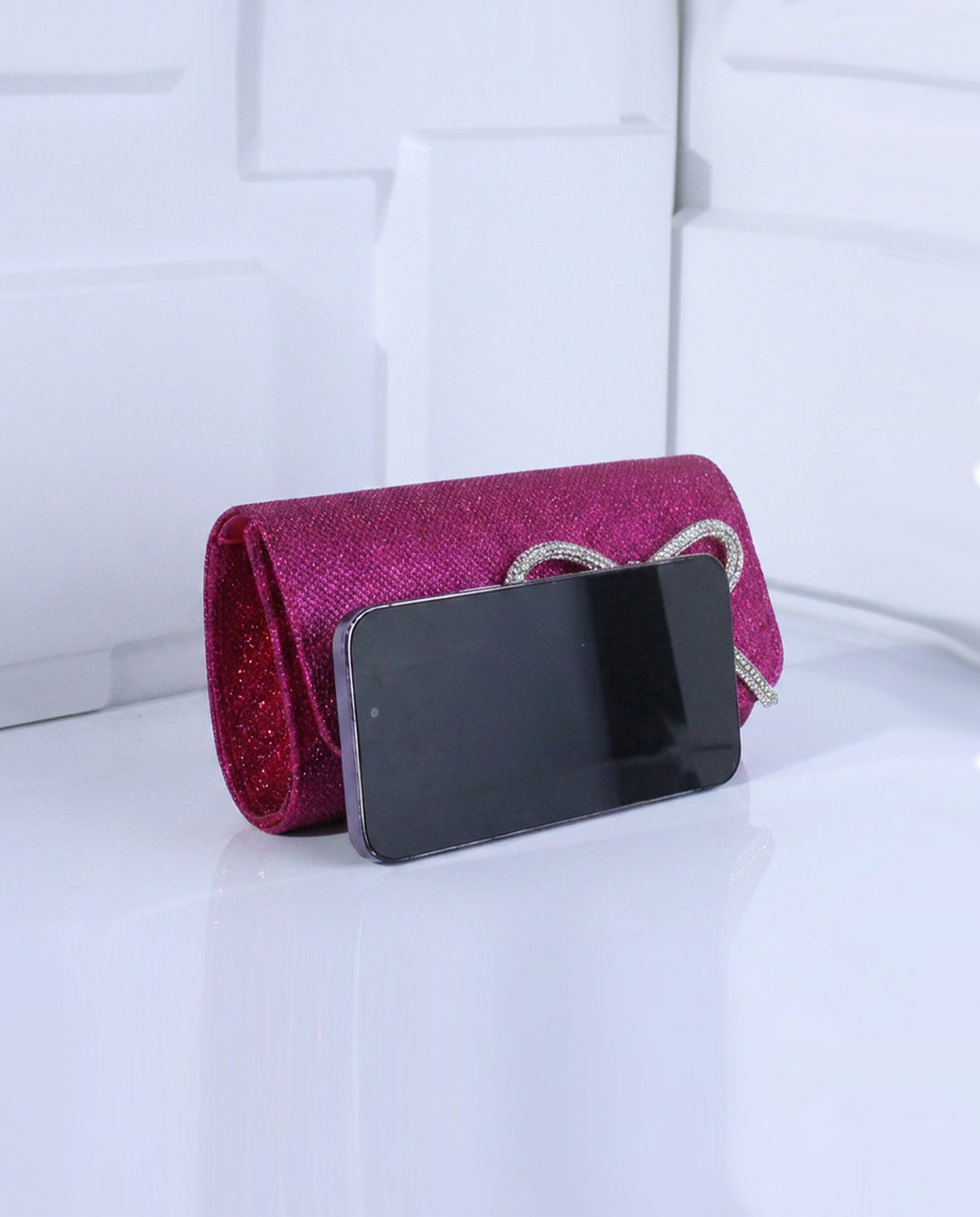 Fuchsia Glitter Rhinestone Bow Flap Evening Clutch Bag