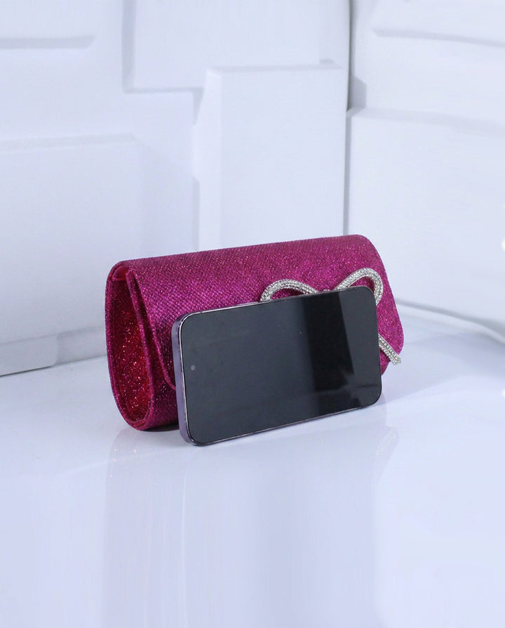 Fuchsia Glitter Rhinestone Bow Flap Evening Clutch Bag