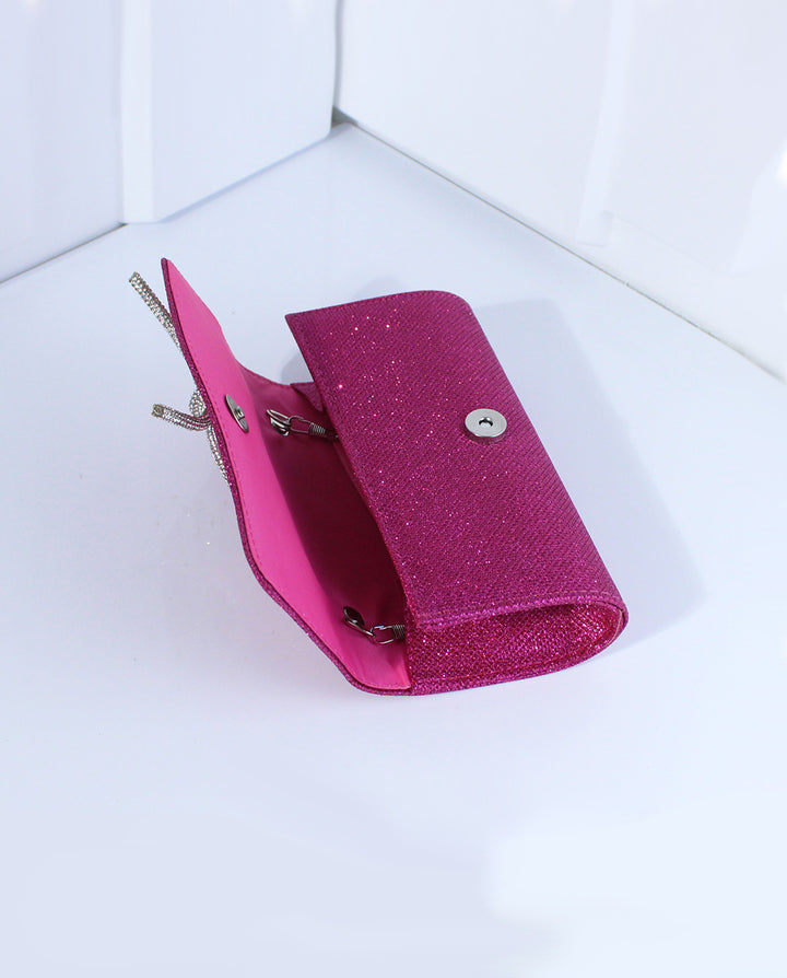 Fuchsia Glitter Rhinestone Bow Flap Evening Clutch Bag