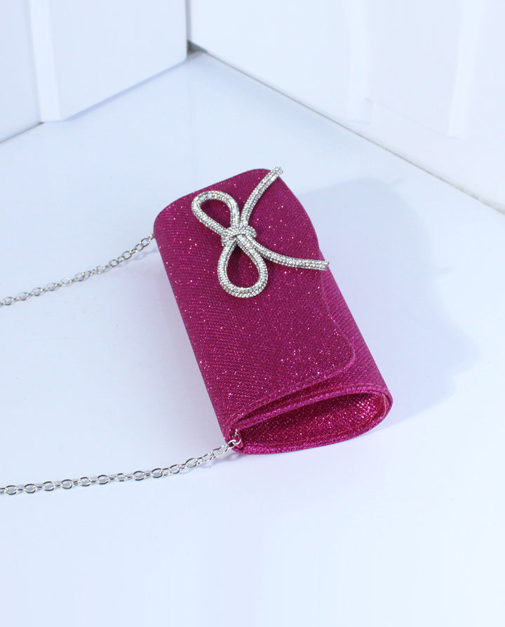 Fuchsia Glitter Rhinestone Bow Flap Evening Clutch Bag