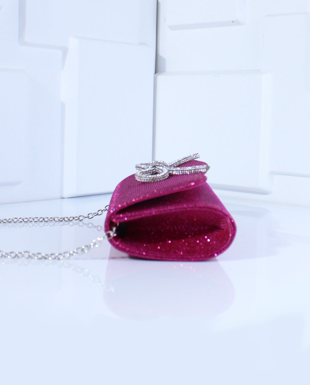 Fuchsia Glitter Rhinestone Bow Flap Evening Clutch Bag