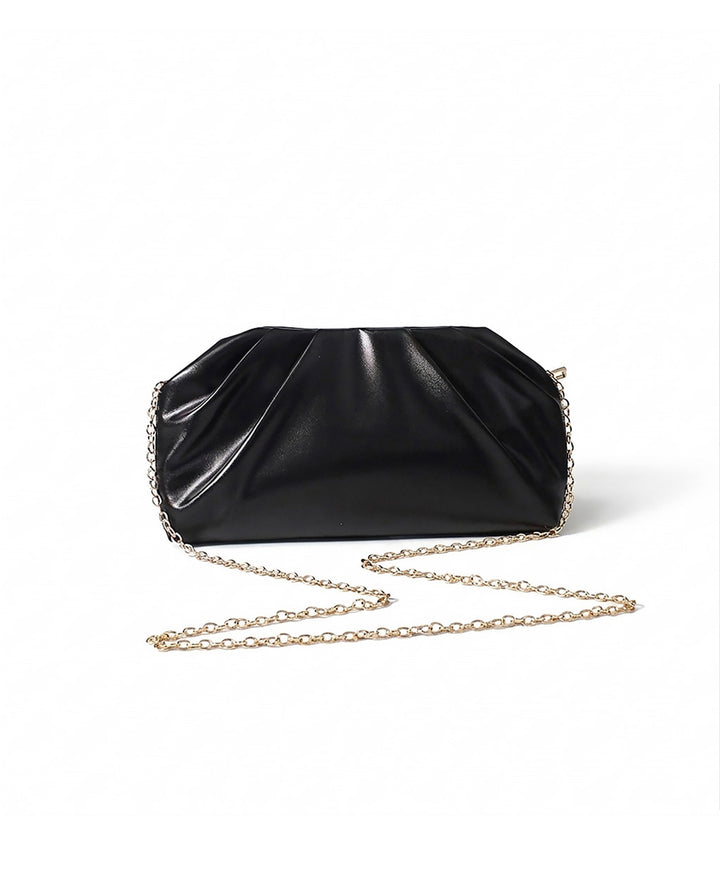 Black Soft Faux Leather Pleated Chain Crossbody Clutch Bag