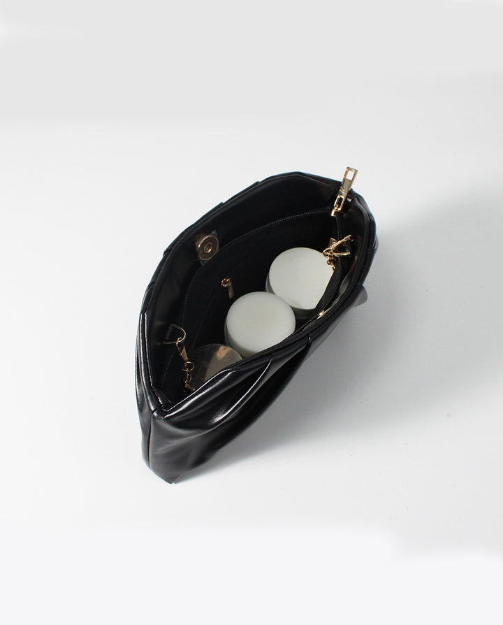Black Soft Faux Leather Pleated Chain Crossbody Clutch Bag