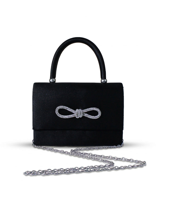 Black Satin Rhinestone Bow Top Handle Silver Chain Crossbody Mini Flap Handbag